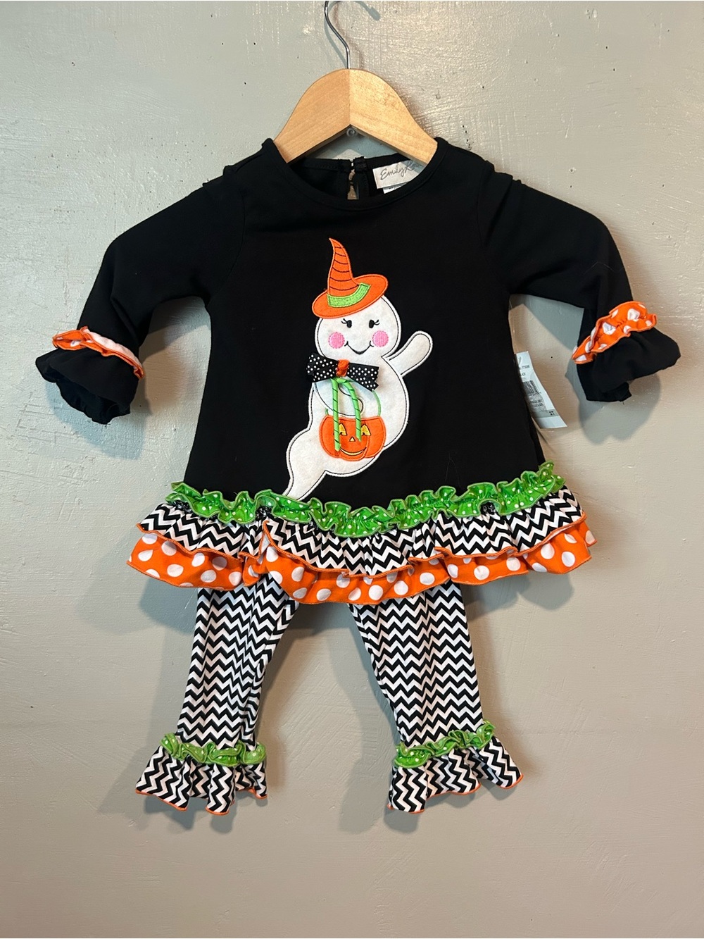 Emily Rose Black Orange & Green Halloween Ghost Ruffle Outfit